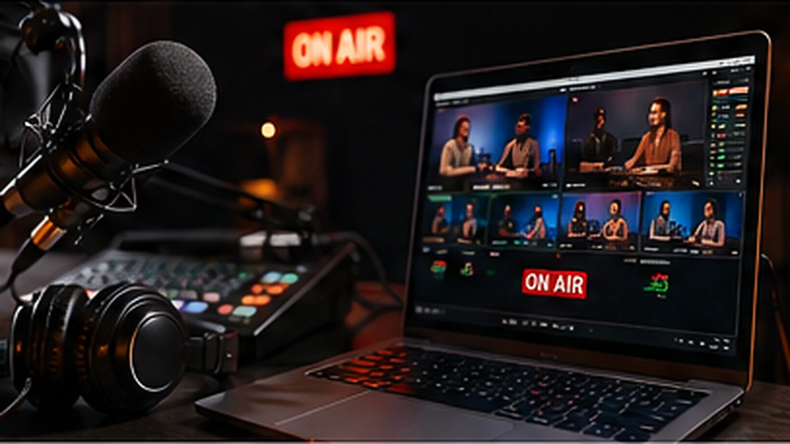 Estúdio montado para uma transmissão ao vivo, com microfone, mesa de som e computador
