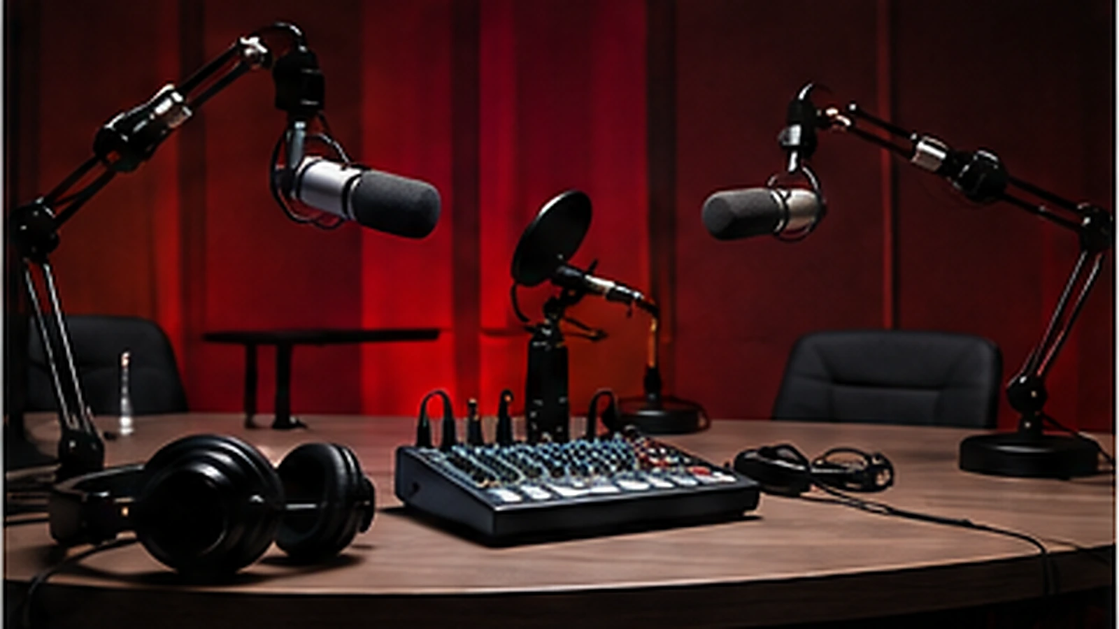 Equipe gravando um podcast em estúdio com iluminação vermelha